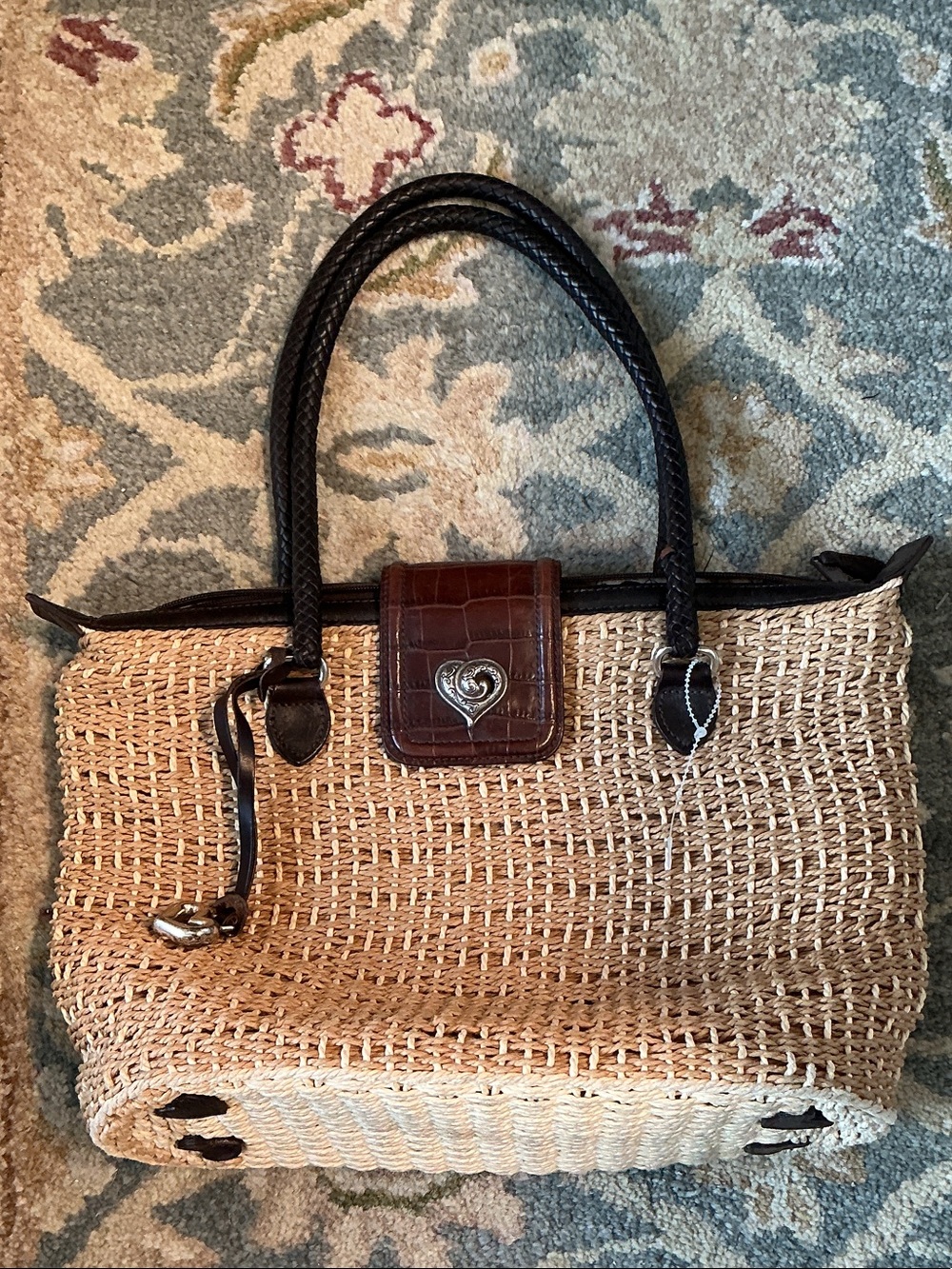 Brighton Natural Straw Tote with Brown Leather Trim and Black Braided Handles